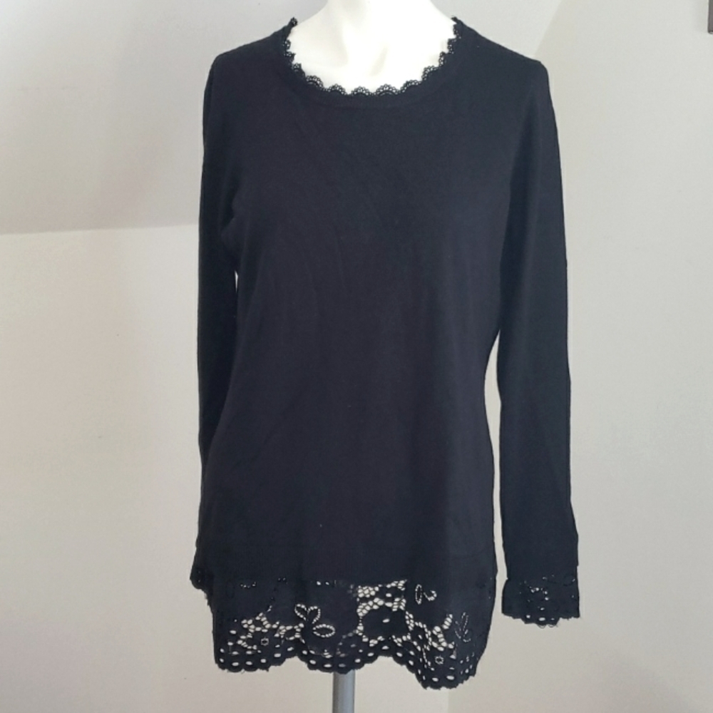 Adrianna Papell Black Knit & Lace Combo Long-sleeve Sweater Size M